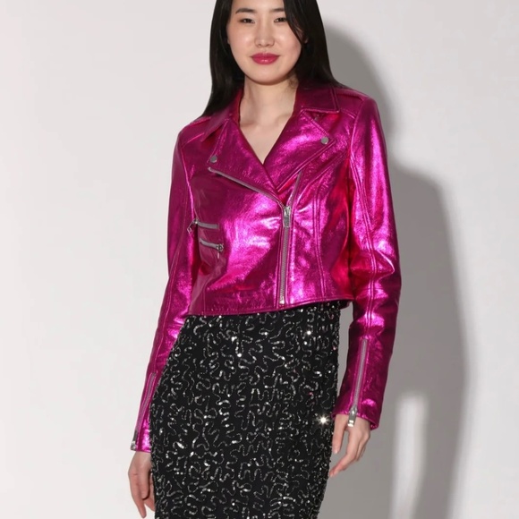 WALTER BAKER 💕🔥Genuine Leather Jenny Jacket in Fuchsia Metallic Crop Moto Fit - Picture 2 of 16